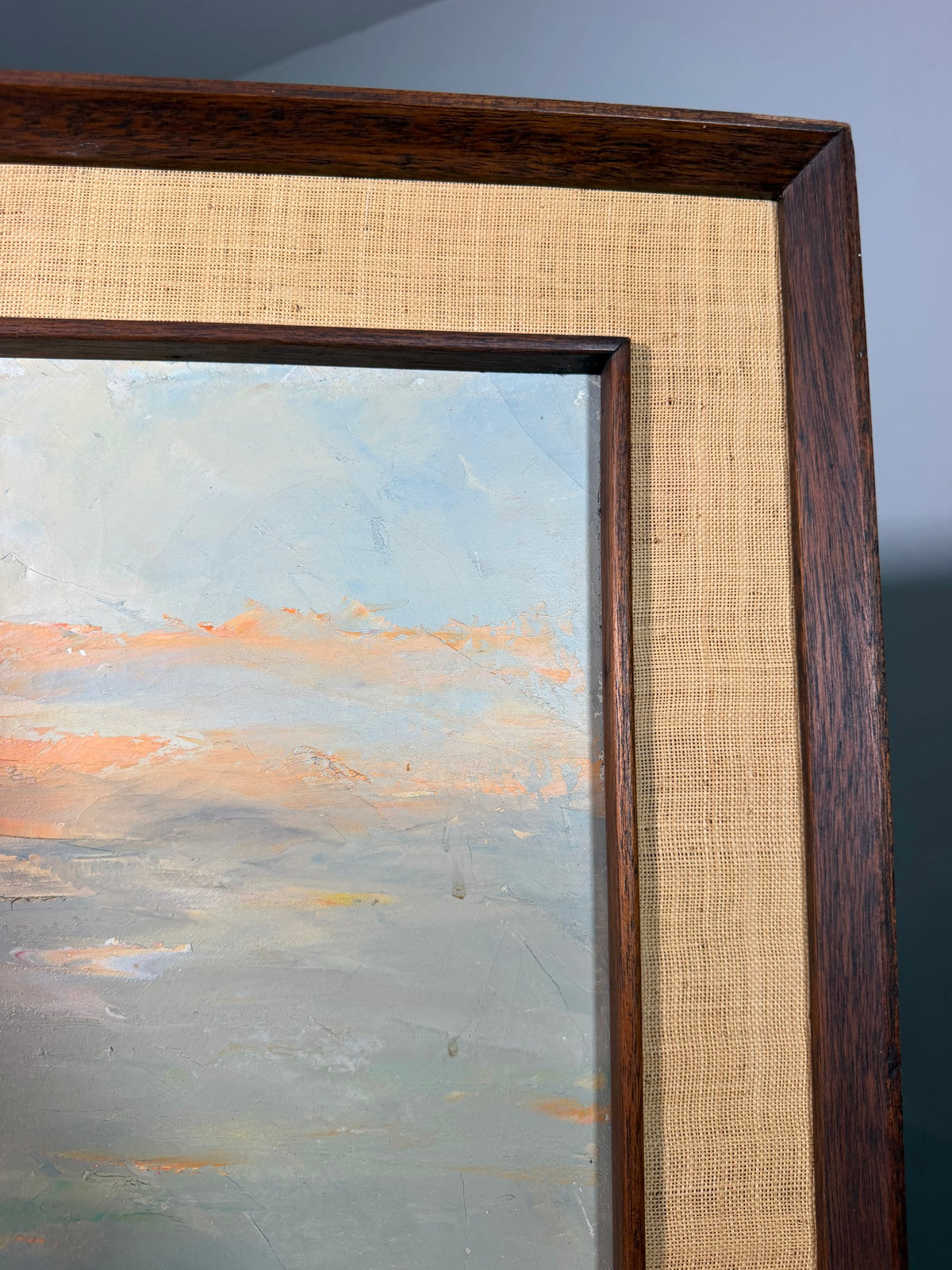 Lot 1024: Mid Century Impasto Oil Painting, Fishing Boats at Sunset, Signed Cavite City P.I., Walnut and Burlap Frame, 41 x 31 in