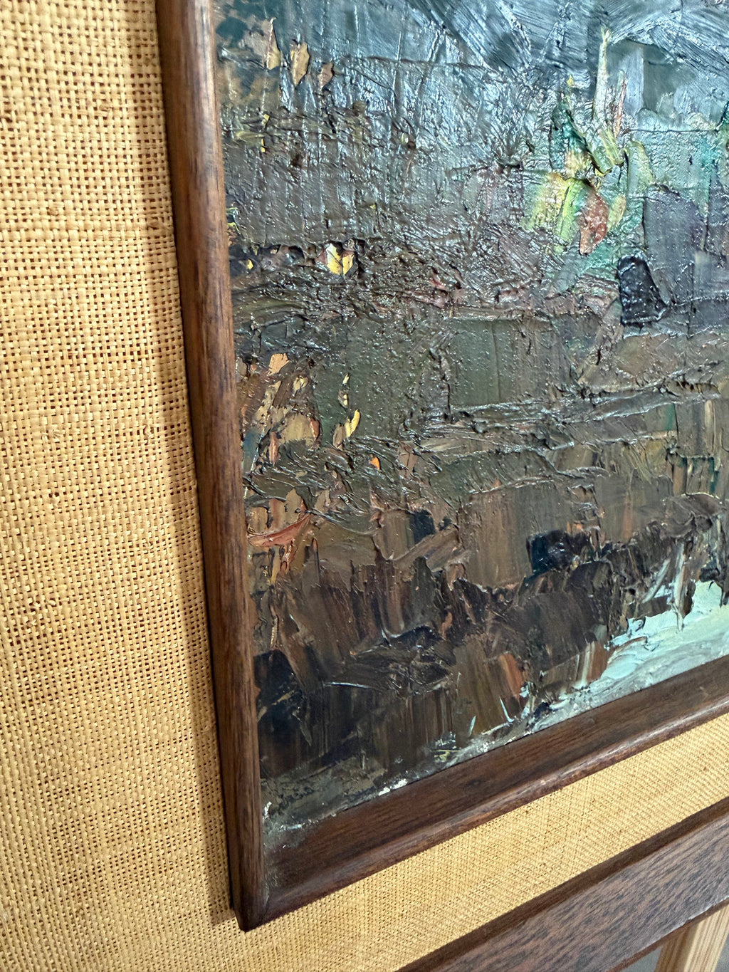 Lot 1024: Mid Century Impasto Oil Painting, Fishing Boats at Sunset, Signed Cavite City P.I., Walnut and Burlap Frame, 41 x 31 in