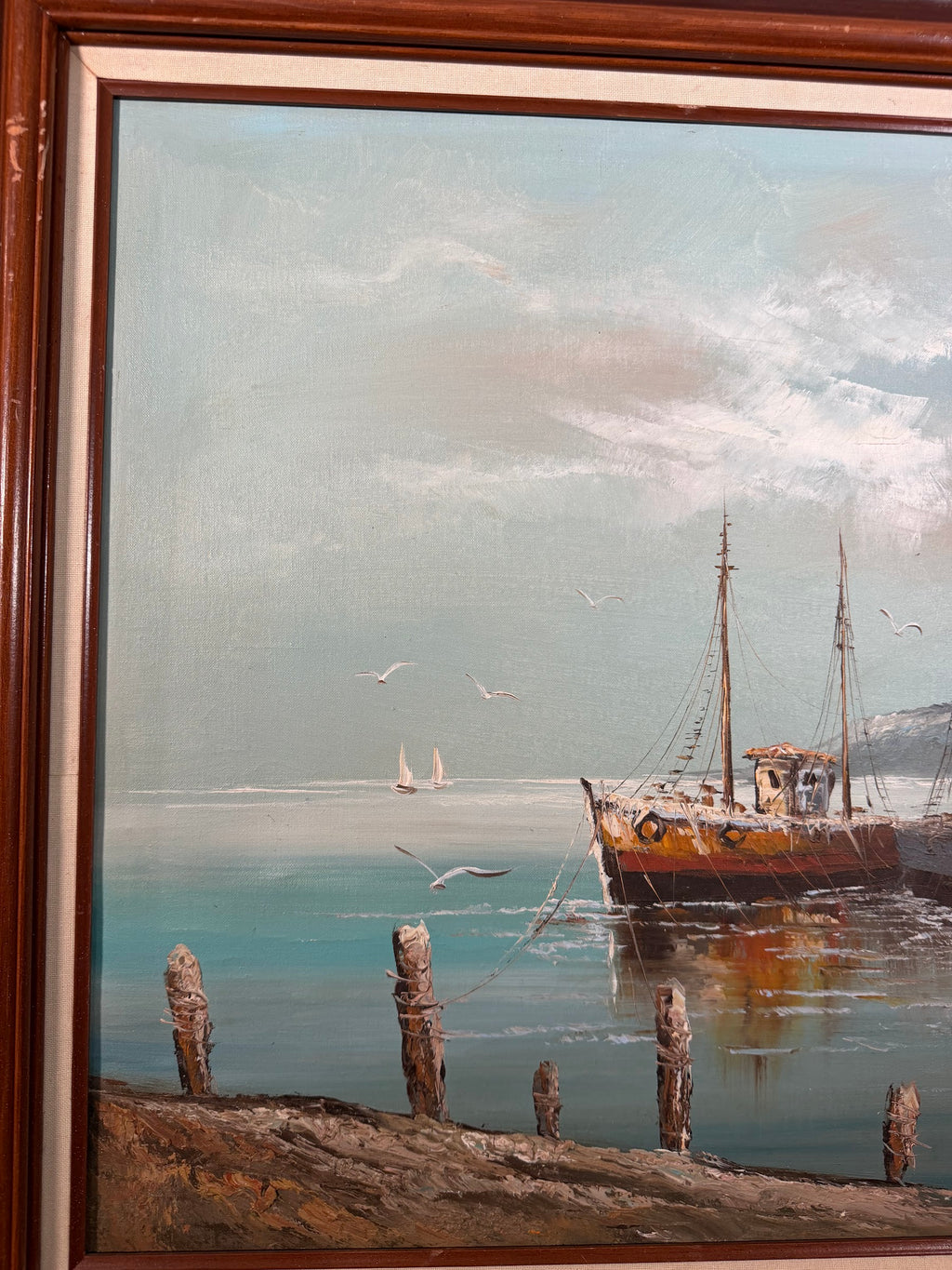Lot 1025: Harbor Oil Painting, Fishing Boats and Old Waterfront Buildings, Signed Karlson, Walnut Frame with Linen Liner, 43 x 31 in