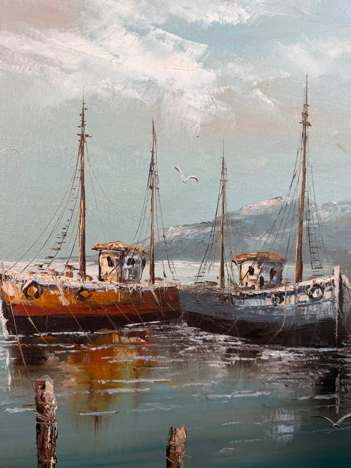 Lot 1025: Harbor Oil Painting, Fishing Boats and Old Waterfront Buildings, Signed Karlson, Walnut Frame with Linen Liner, 43 x 31 in