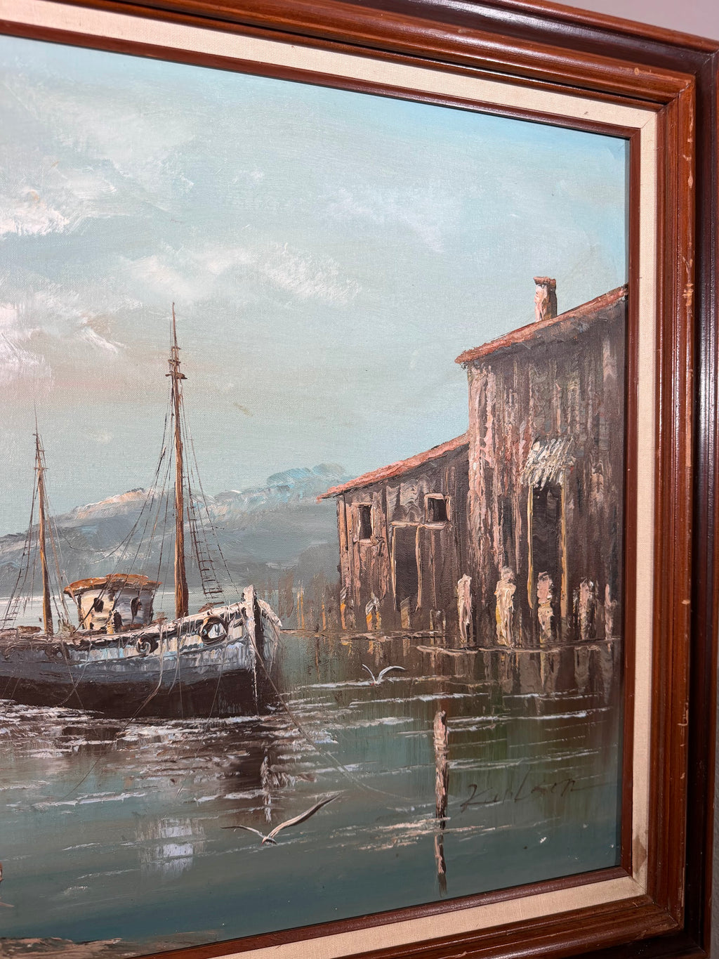 Lot 1025: Harbor Oil Painting, Fishing Boats and Old Waterfront Buildings, Signed Karlson, Walnut Frame with Linen Liner, 43 x 31 in