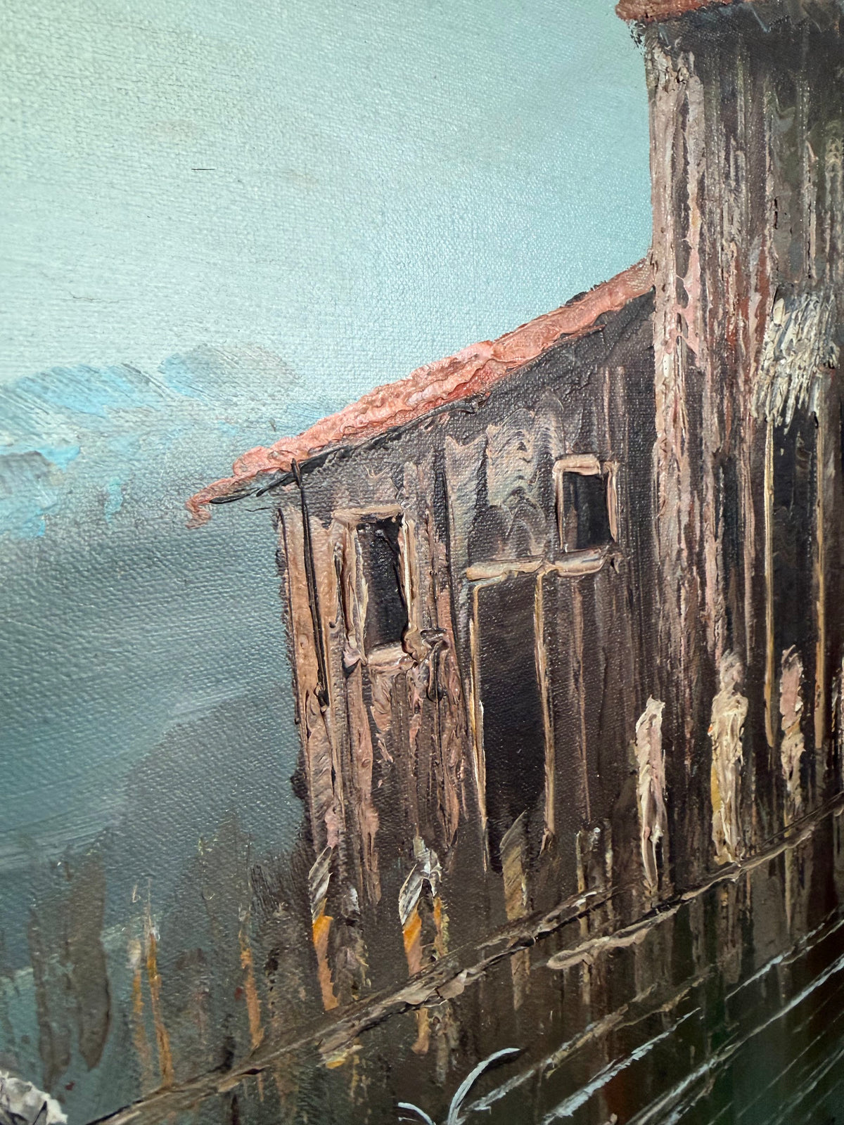 Lot 1025: Harbor Oil Painting, Fishing Boats and Old Waterfront Buildings, Signed Karlson, Walnut Frame with Linen Liner, 43 x 31 in
