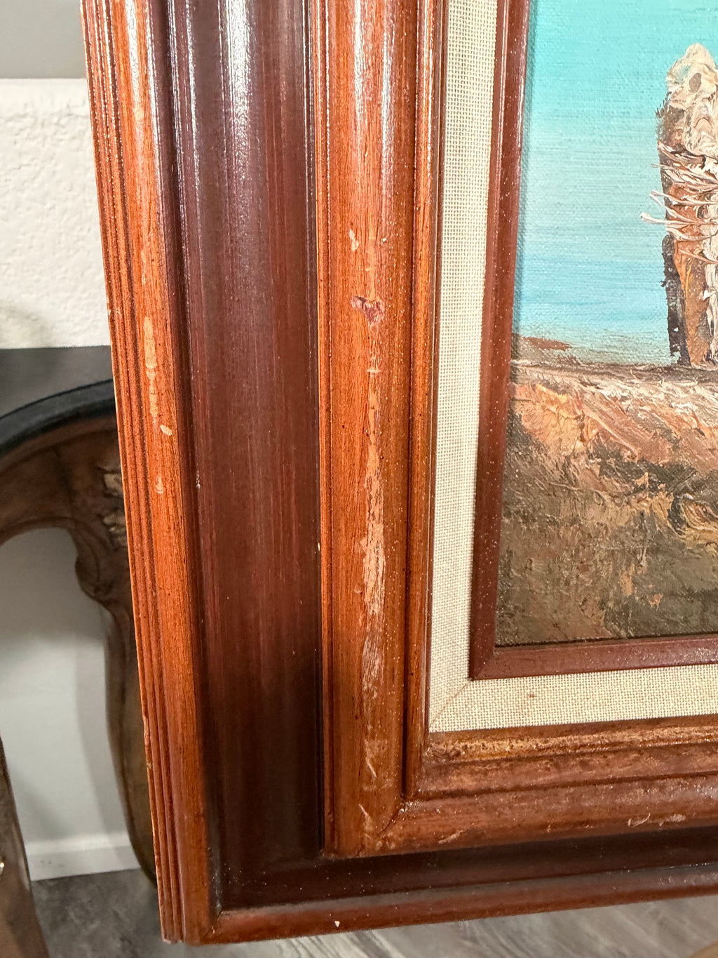 Lot 1025: Harbor Oil Painting, Fishing Boats and Old Waterfront Buildings, Signed Karlson, Walnut Frame with Linen Liner, 43 x 31 in