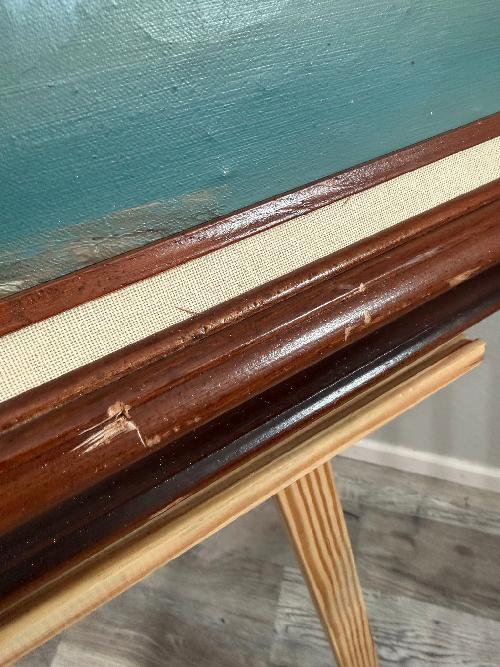 Lot 1025: Harbor Oil Painting, Fishing Boats and Old Waterfront Buildings, Signed Karlson, Walnut Frame with Linen Liner, 43 x 31 in